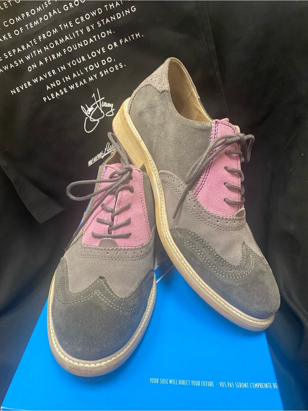 John Fluevog Gray and Lavender Suede Wingtip Oxfords. Size 8.